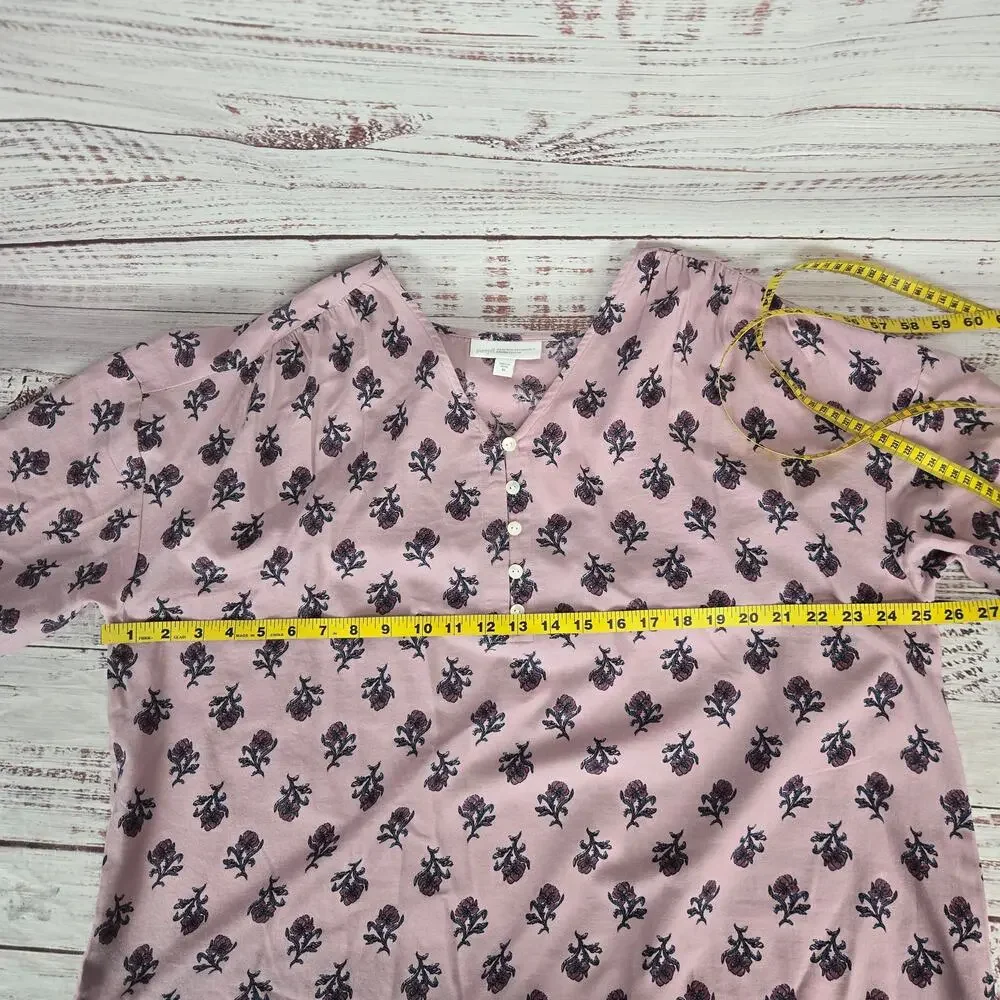 Pure Jill Pink Organic Cotton Top 2X V-Neck ButtonTop Floral Cottage Casual NWT